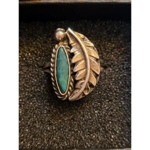 Vintage Sterling Navajo Silver Feather Ring Marquise Turquoise Size 6